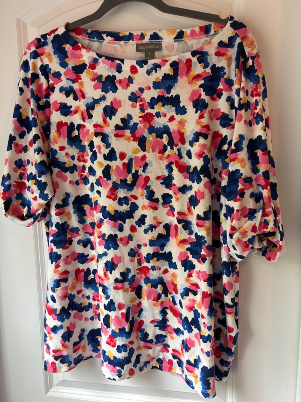 Style & Co. Watercolor-Print Short Sleeve Top with Navy, Pink & Yellow Accents
